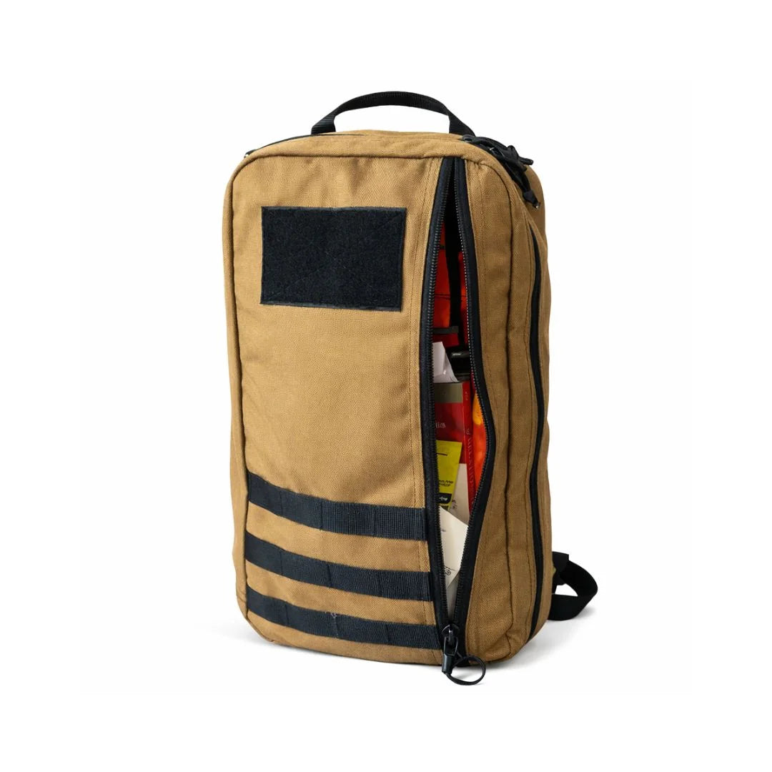 Recycled Firefighter's coyote molle 24 Hour Backpack. Padded laptop sleeve and gear compartments organize tactical essentials.