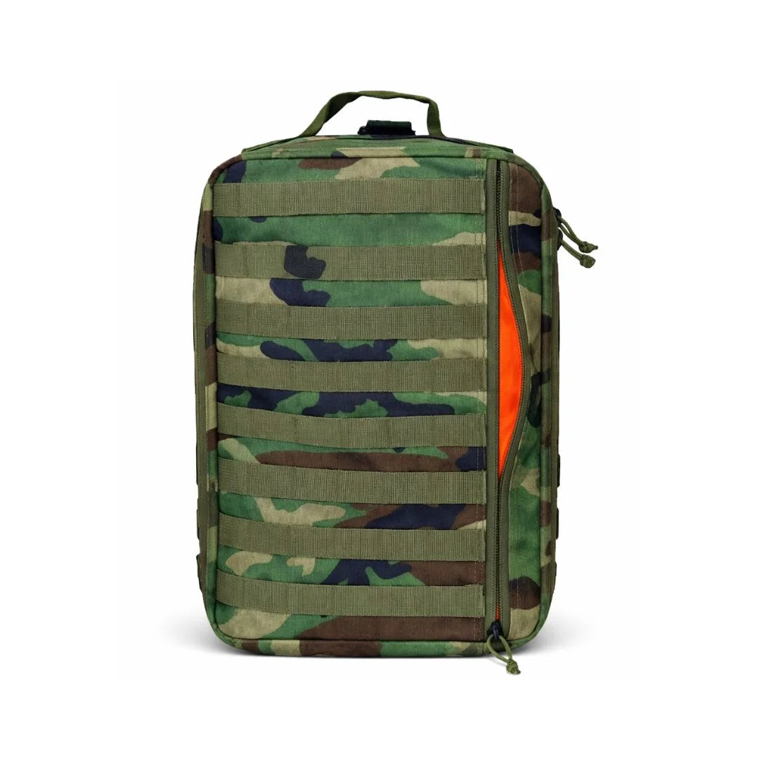 The woodland full molle olive drab 24 Hour Backpack from Recycled Firefighter. Ergonomic design distributes load while providing quick gear access.