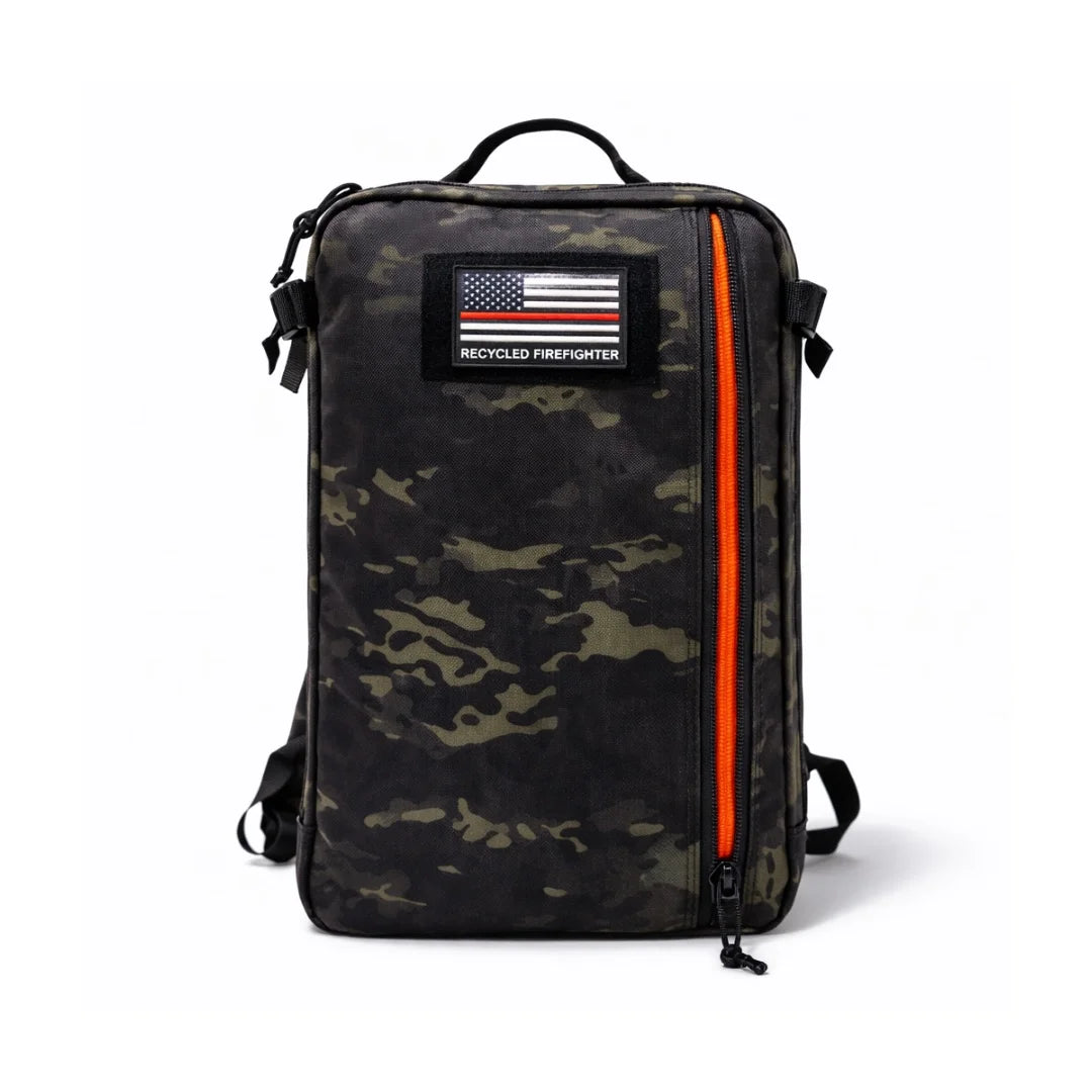24 Hour PLUS Backpack 500D in MCAMBLACK. 28L USA-made EDC pack by Recycled Firefighter in 500D Cordura with full clamshell access.
