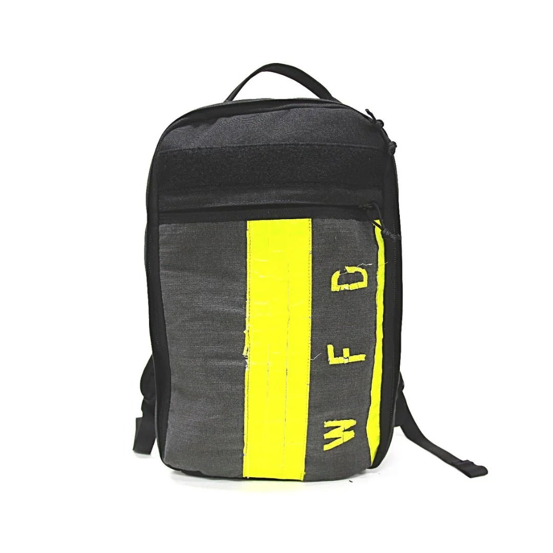 Recycled Firefighter The Chief tactical backpack in black featuring a repurposed lime green firefighter gear accent.