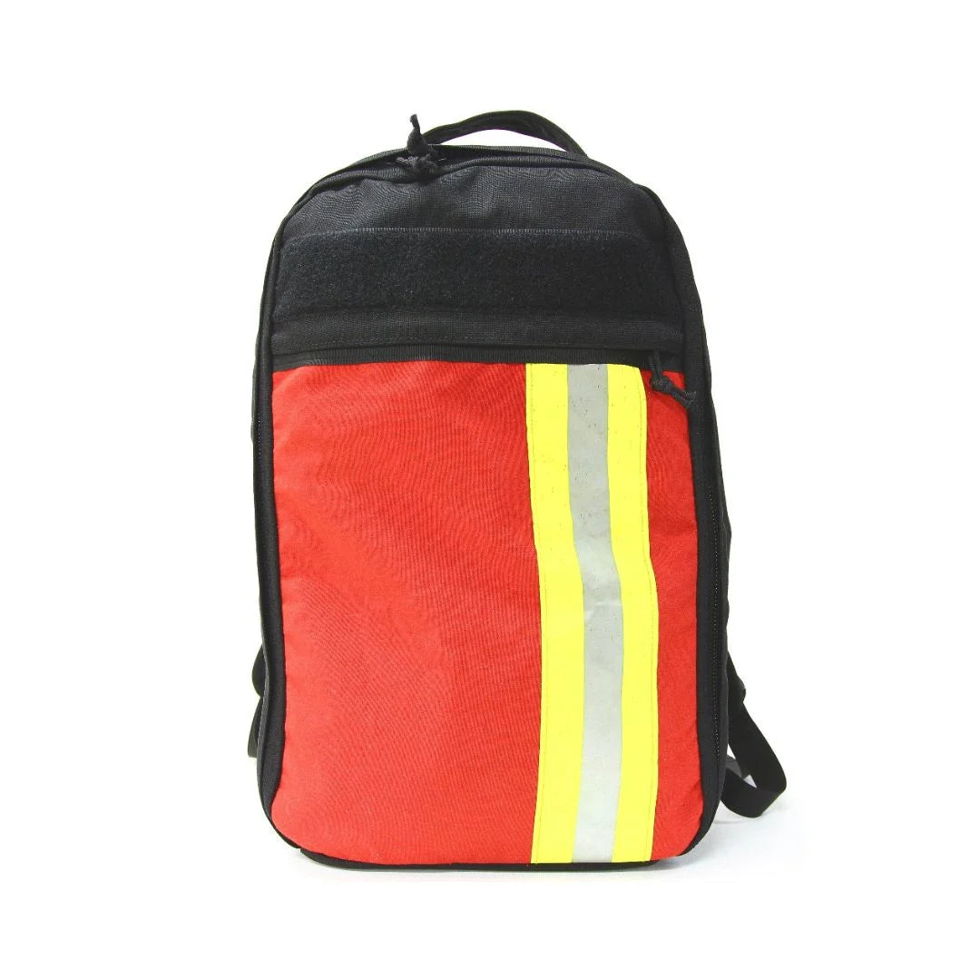 Recycled Firefighter The Chief tactical backpack featuring a vibrant red and high-visibility lime green repurposed bunker gear panel.