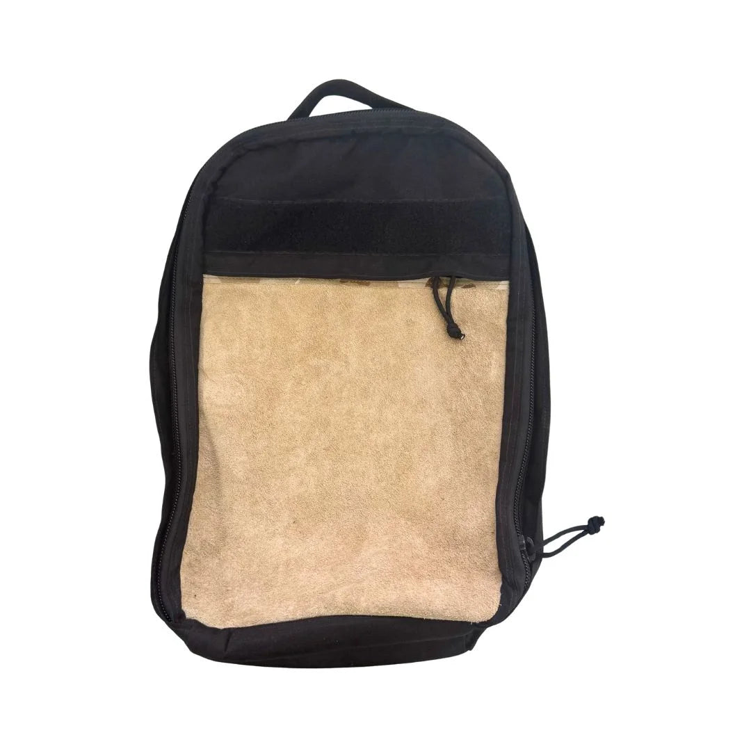 Recycled Firefighter The Chief tactical backpack crafted with rugged tan boot leather and classic desert camouflage accents.