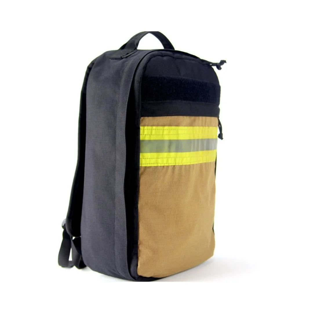 The Chief USA-made tactical backpack by Recycled Firefighter featuring a high-visibility yellow repurposed firefighter bunker gear front panel.