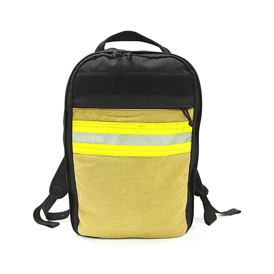 The Chief USA-made tactical backpack by Recycled Firefighter featuring a high-visibility yellow repurposed firefighter bunker gear front panel.