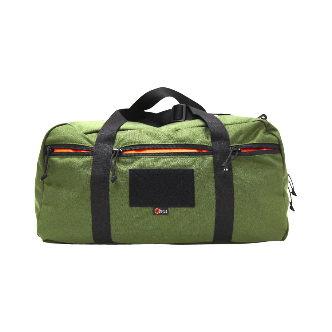 The olive drab 72-Hour 1000D Cordura Duffle Bag from Recycled Firefighter. Tactical quality meets professional design standards.