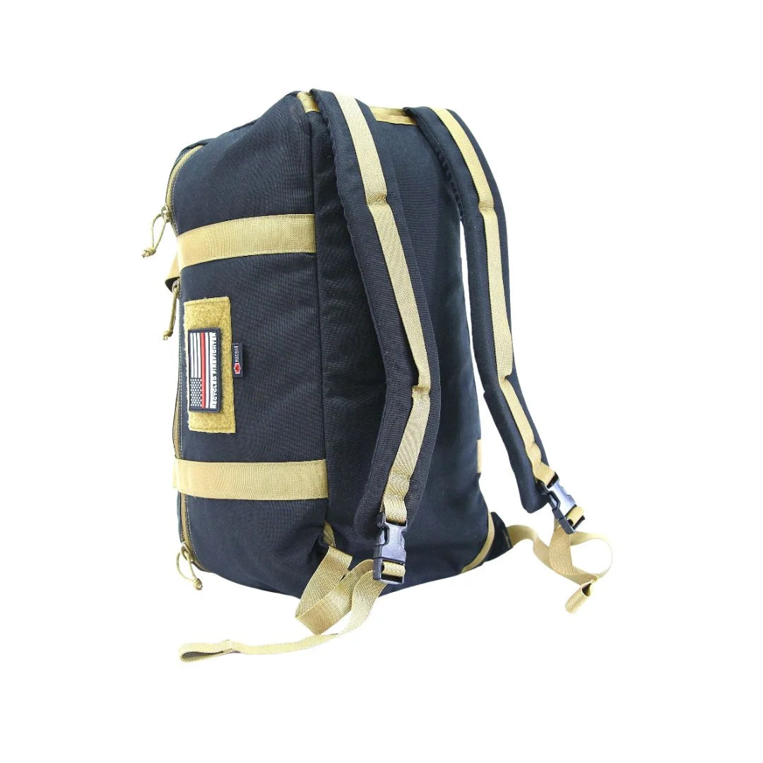 This Recycled Firefighter 72 Hour Duffle Backpack features a two-tone black and coyote brown design for a high-contrast tactical appearance.