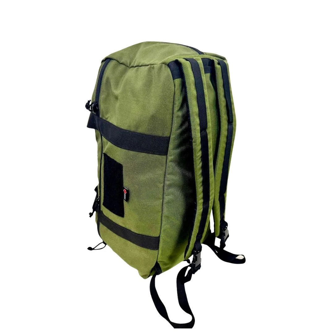 The Recycled Firefighter 72 Hour Duffle Backpack in olive drab green offers a military-inspired look for multi-day travel.