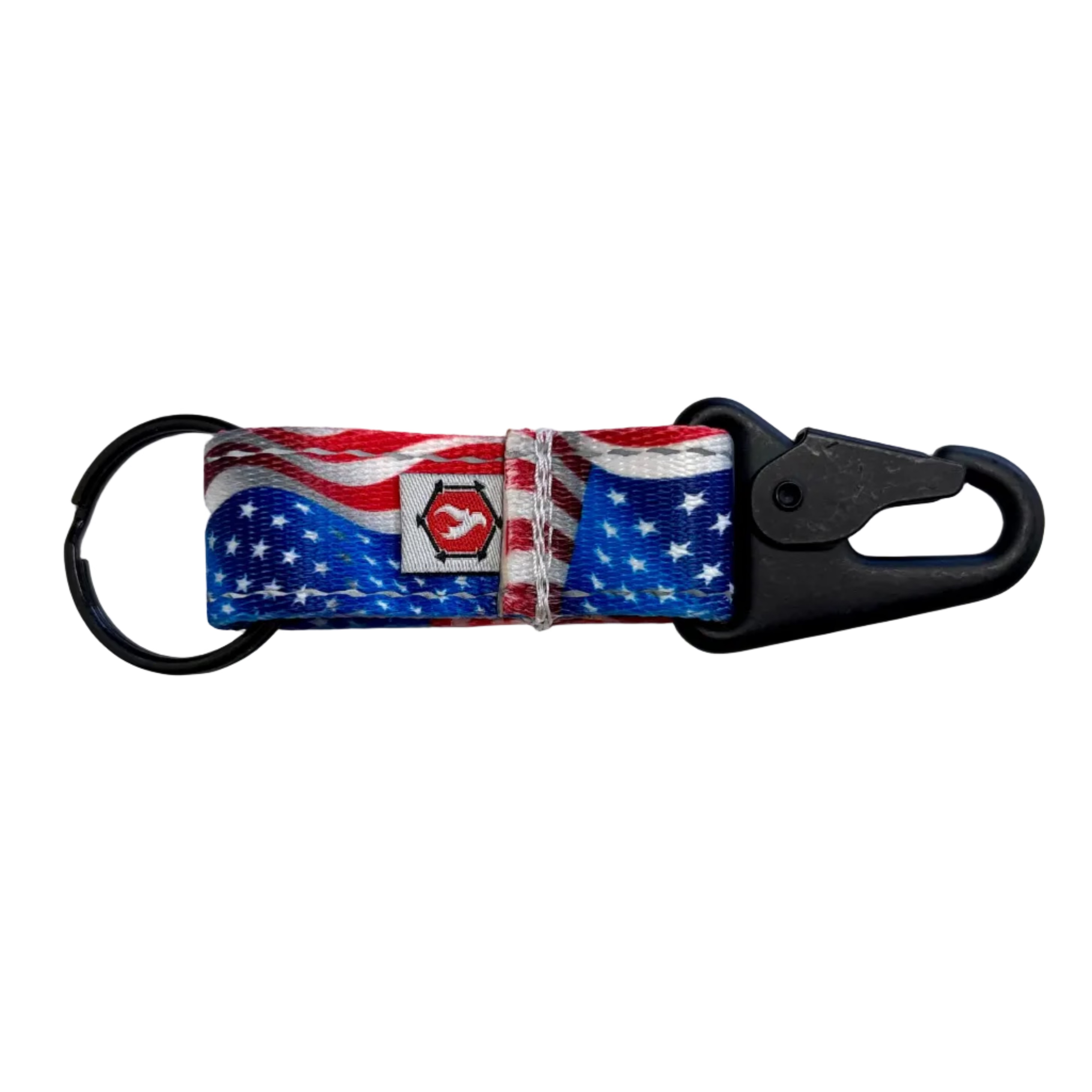 The Chauffeur American Flag Edition in OLD GLORY — waving red, white, and blue flag print webbing keychain clip, 5 by 1 inch with all-black HK-style clip and 1-inch key ring — USA-made by Recycled Firefighter