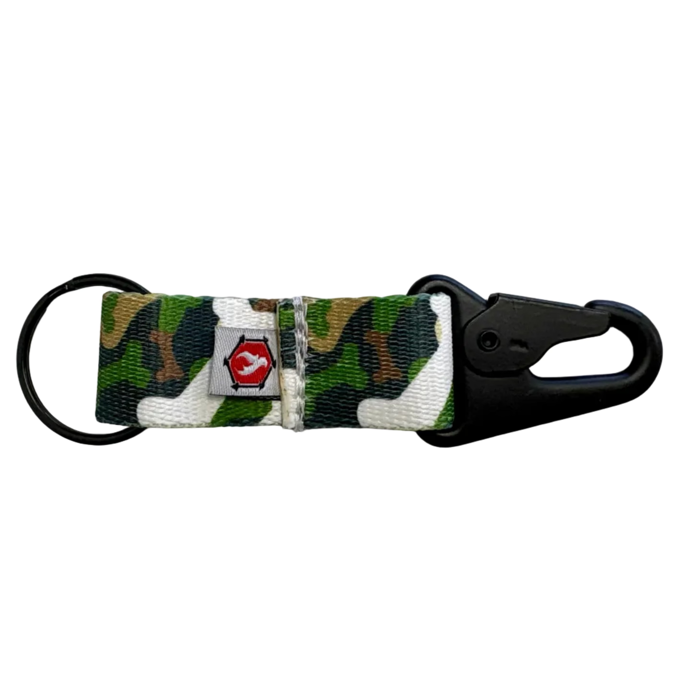 The Chauffeur K9 Edition in CAMO BONES — green and brown camo webbing with white bone print, 5 by 1 inch keychain clip with all-black HK-style clip and 1-inch key ring — Recycled Firefighter