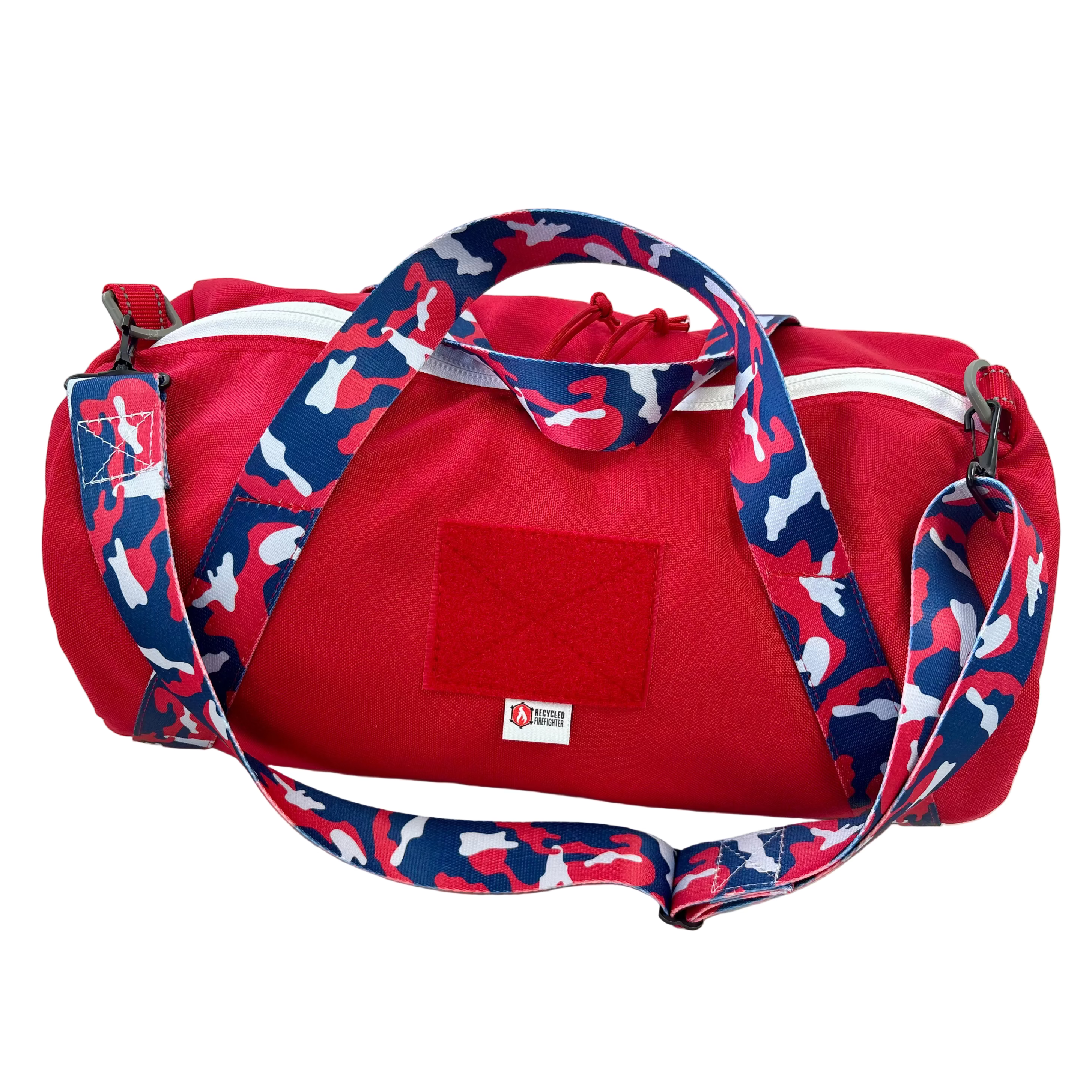 Barrel Duffle Bag 1000D in 'MERICA variant, three-quarter angle showing strap system — 20L USA-made tactical duffle with #10 YKK zippers by Recycled Firefighter