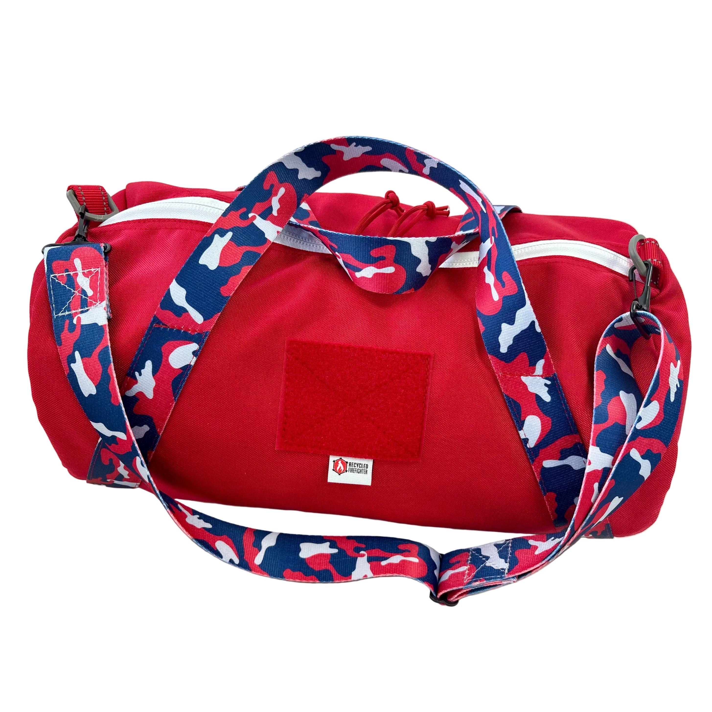 Barrel Duffle Bag 1000D in MERICA variant, three-quarter angle showing strap system - 20L USA-made tactical duffle with #10 YKK zippers by Recycled Firefighter.