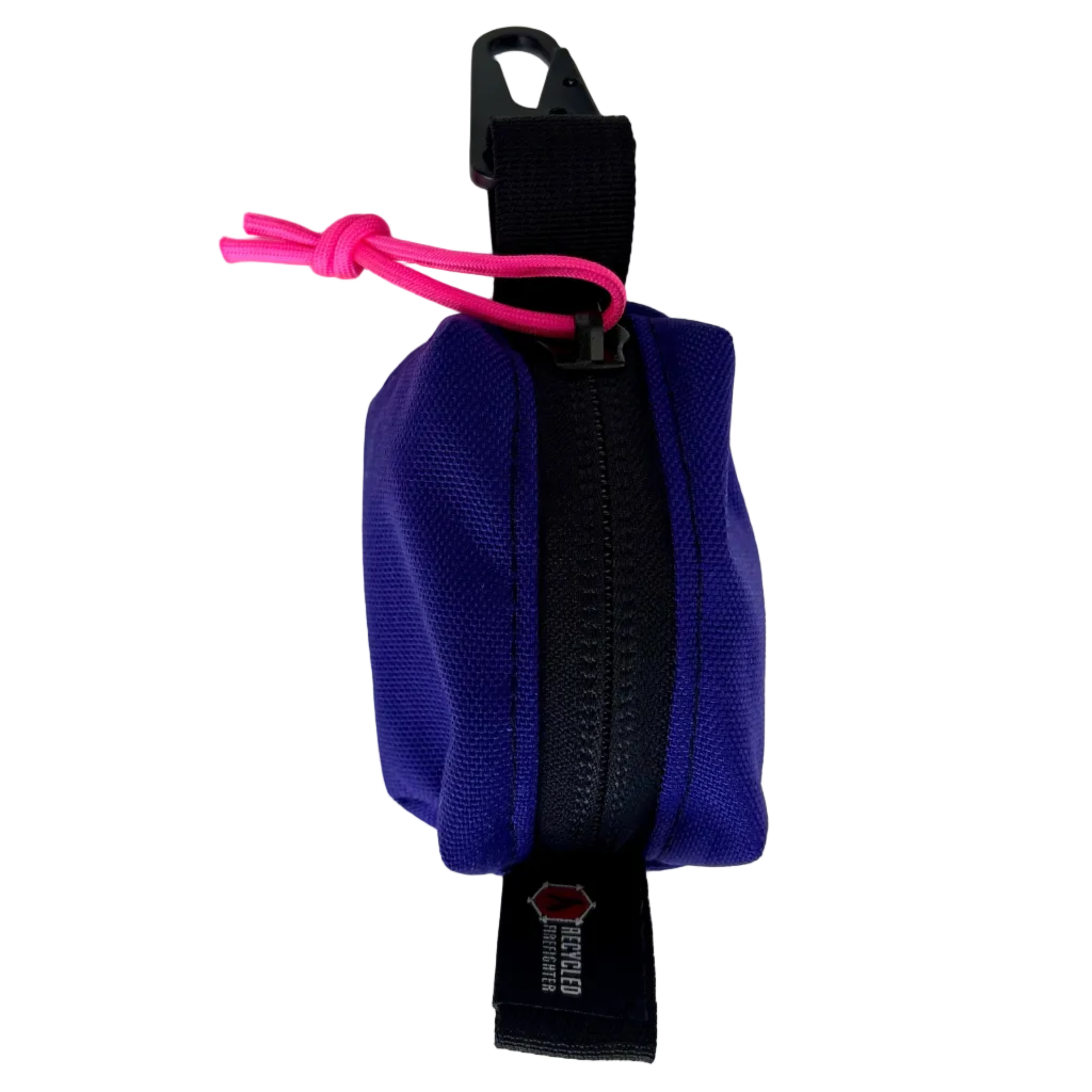 Hot Shot Scout Keychain Pouch in Purple with Pink Pull — solid purple body with hot pink drawstring. USA-made compact EDC pouch by Recycled Firefighter, clips to keys or pack.