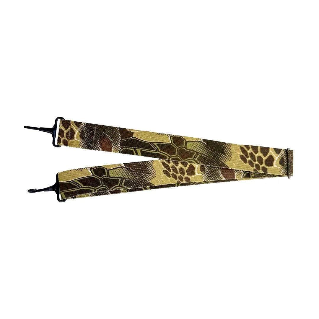 Recycled Firefighter Adjustable Tactical Utility Strap in Kryptek Mandrake camo with heavy-duty swivel hooks for rugged gear organization.