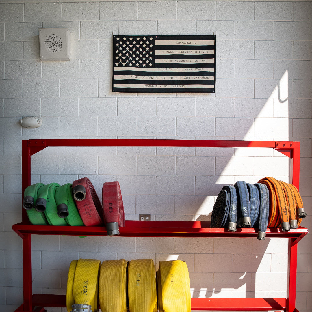American-Flag-Combat-Boot-Leather-Second-Amendment-above-fire-hose-rack-recycledfirefighter