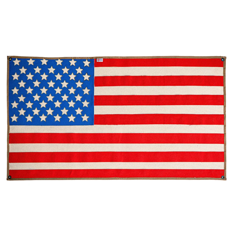 American Flag handcrafted from decommissioned 5-inch fire hose with coyote arid border and brass grommets — Recycled Firefighter.