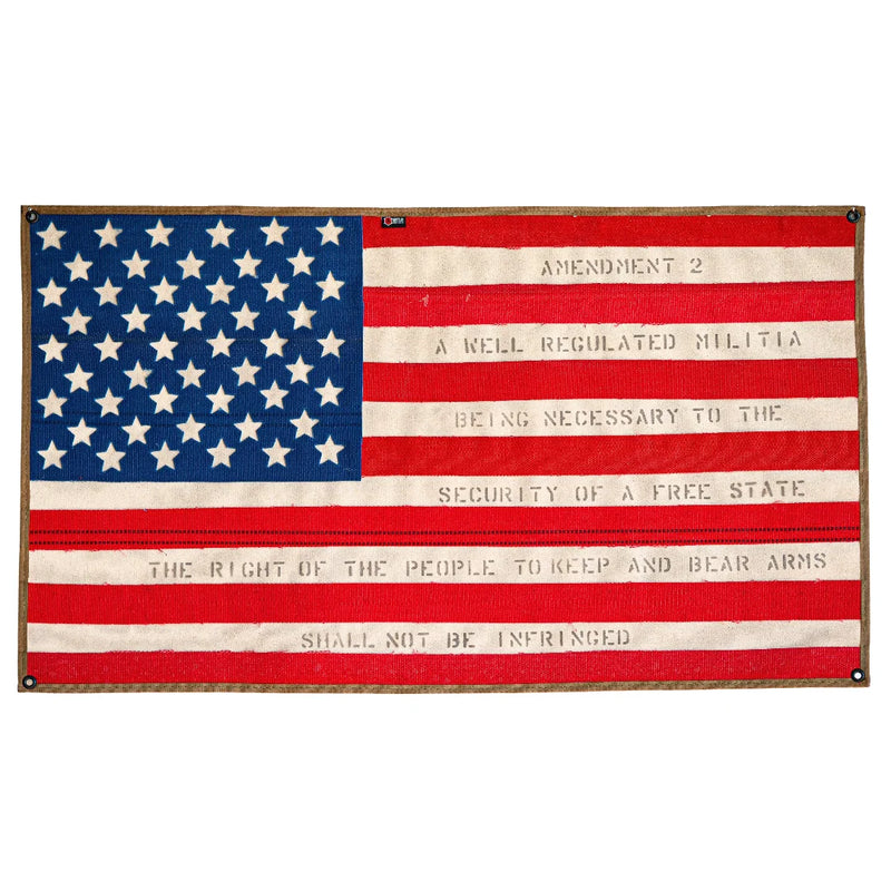 American Flag Second Amendment edition — handcrafted from decommissioned fire hose with 2A text woven into the stripes by Recycled Firefighter.