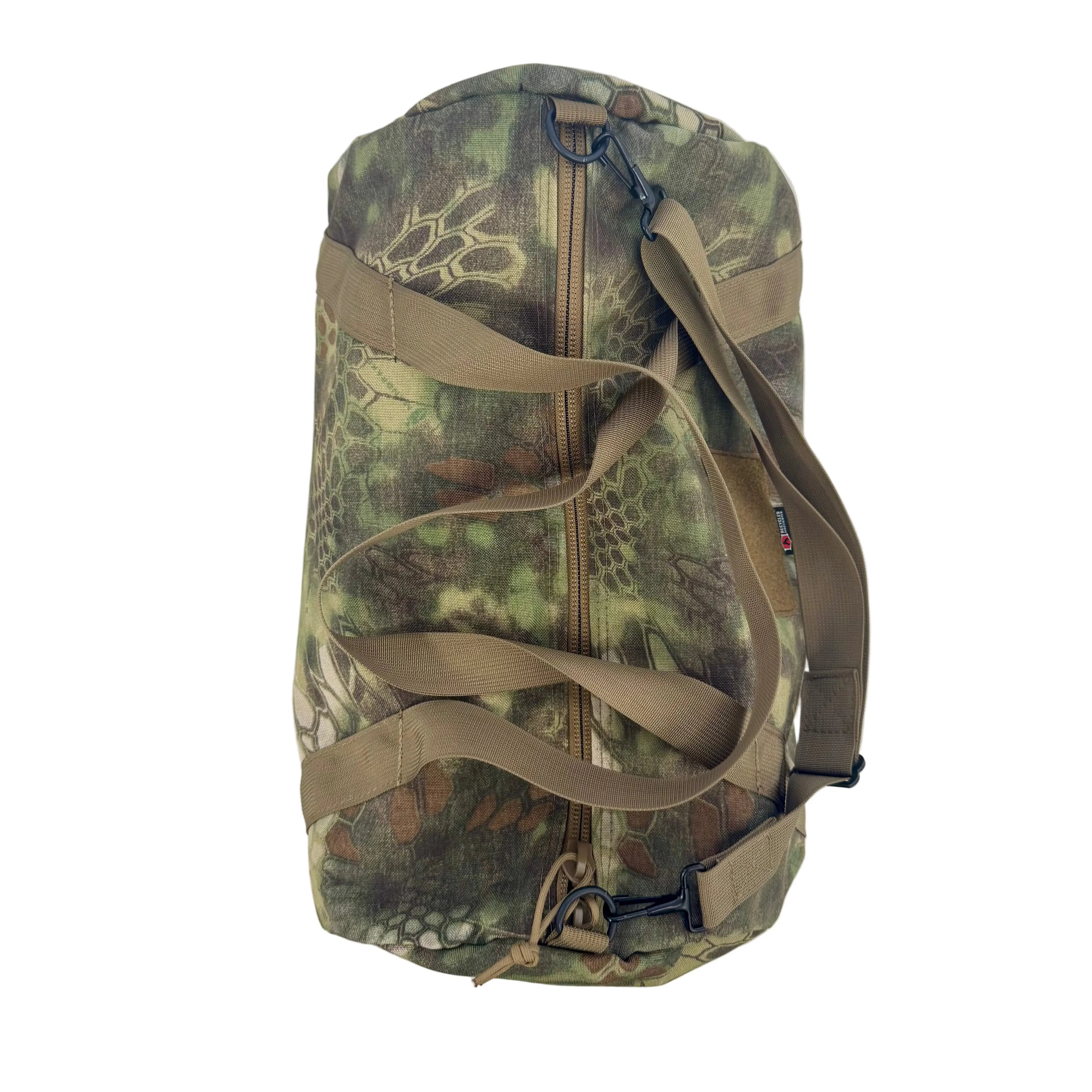 Recycled Firefighter's Barrel Duffle Bag 1000D in mandrake & coyote. Built tough for demanding professional and tactical applications.