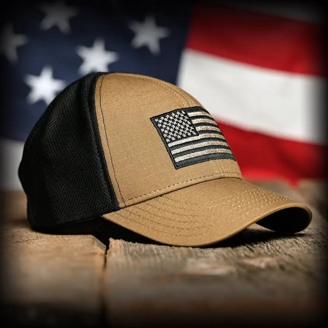 Coyote Brown Ripstop & Black Mesh American Flag Hat