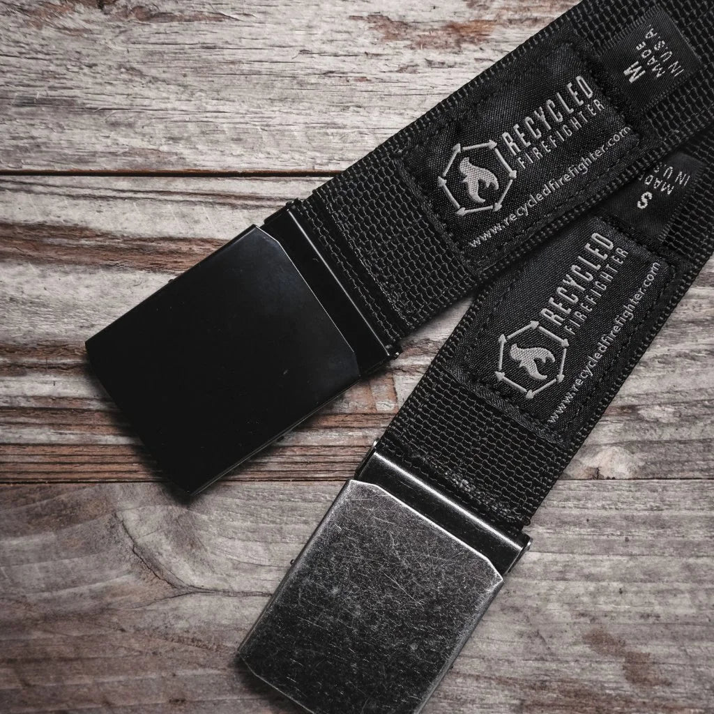black Double Layer EDC Belt from Recycled Firefighter. Professional tactical construction for everyday operations.