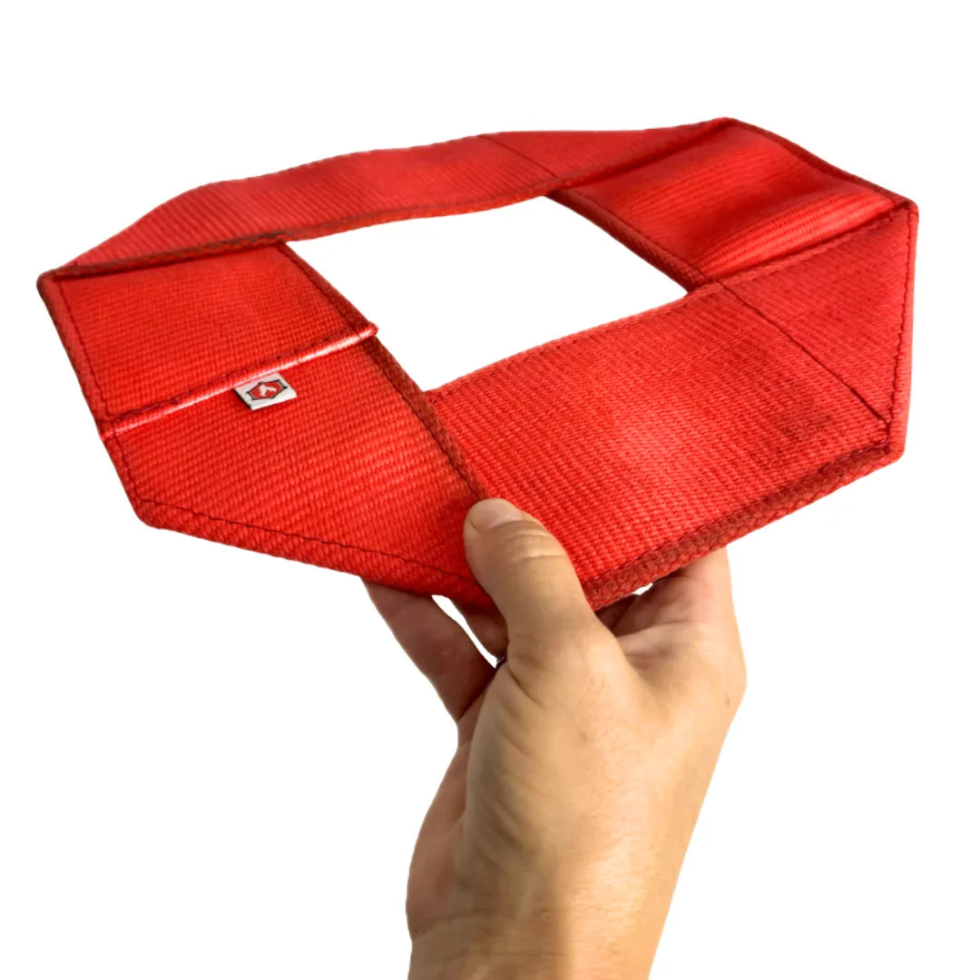 Recycled Firefighter Fire Hose Dog Frisbee featuring Red. Durable construction honors service with professional quality.