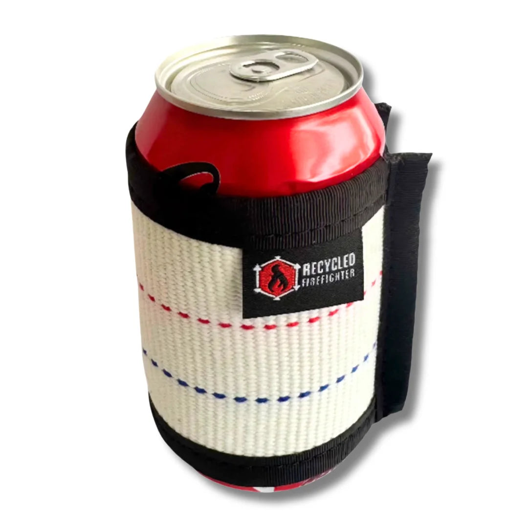 Fire Hose Drink Sleeve by Recycled Firefighter. Premium insulation keeps beverages cold using genuine fire hose.