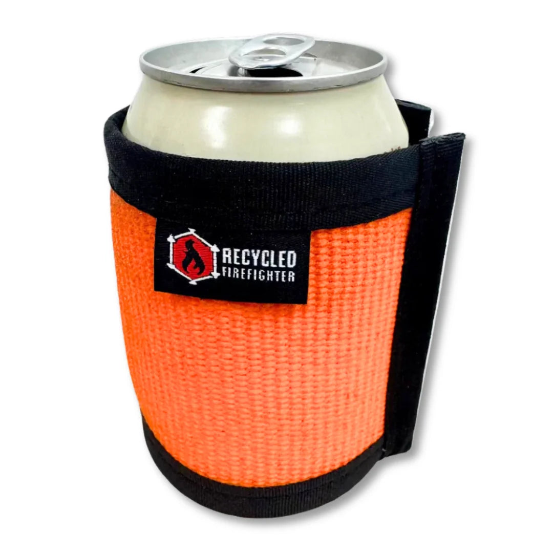 Orange Fire Hose Drink Sleeve from Recycled Firefighter. Emergency response coloring keeps drinks cold.