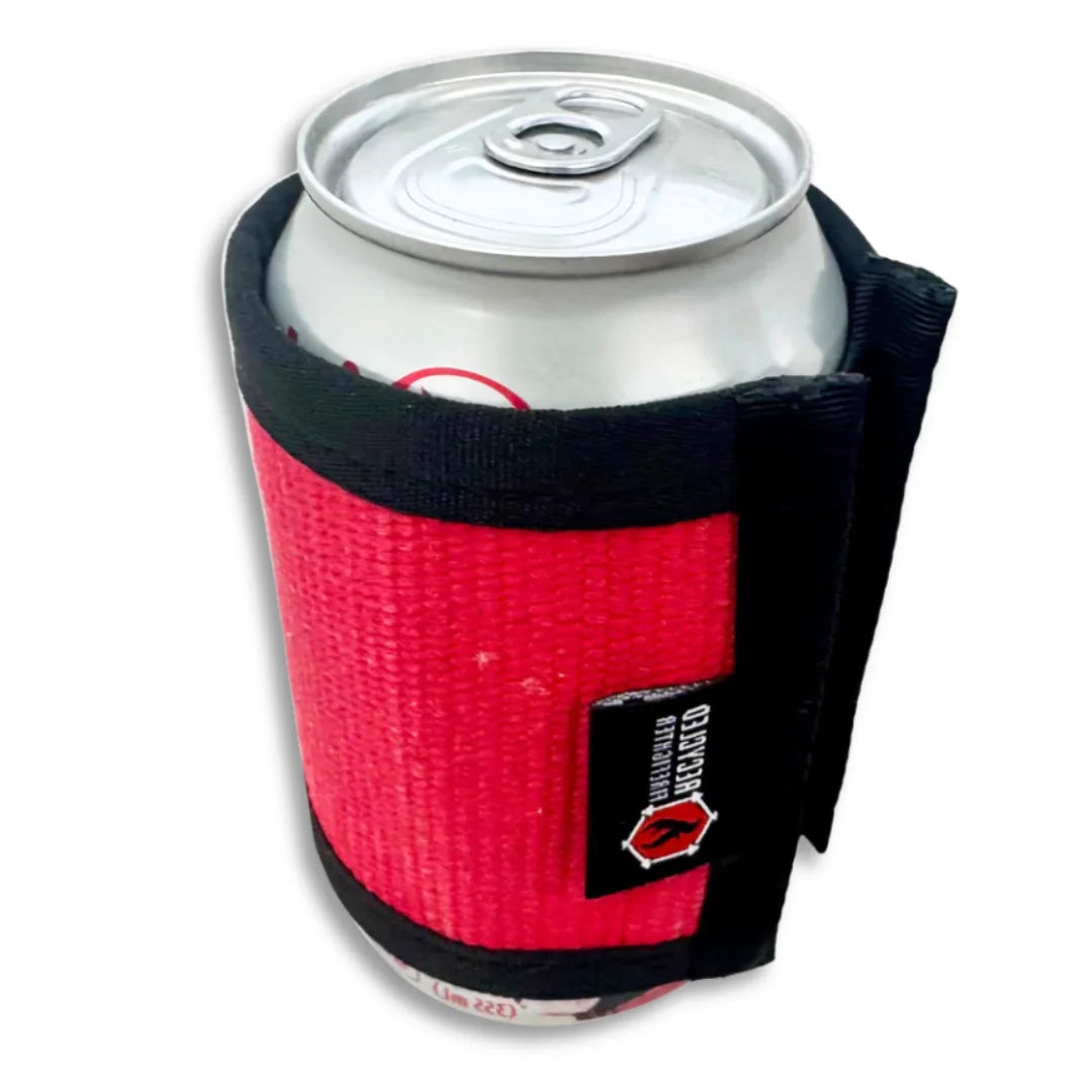 Red Fire Hose Drink Sleeve from Recycled Firefighter. Bold fire service color provides beverage insulation.