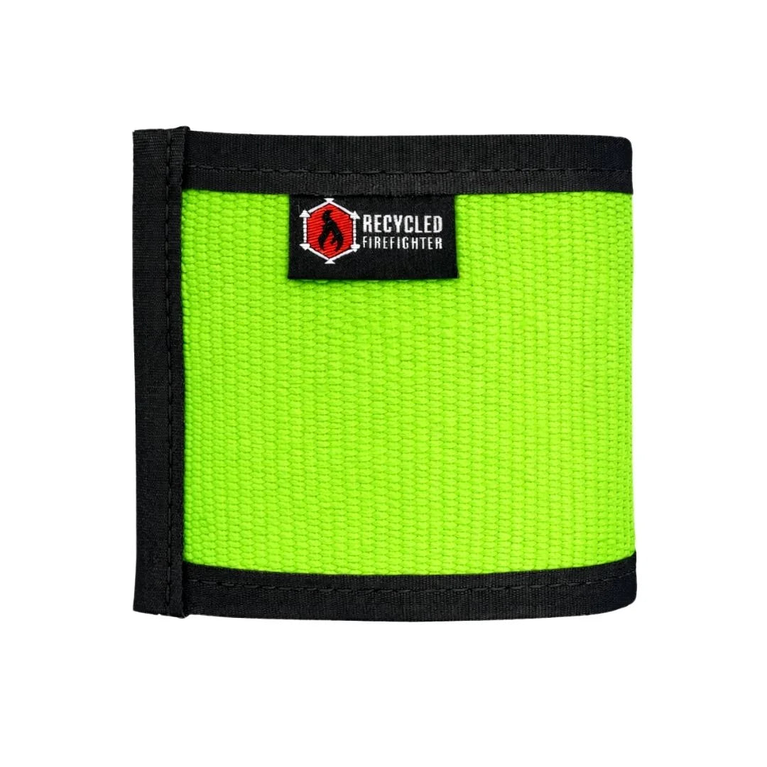 Green Fire Hose Drink Sleeve by Recycled Firefighter. Earth-tone insulation protects beverage temperature.