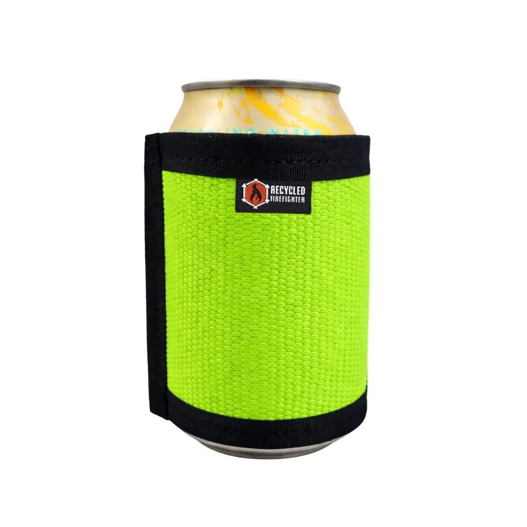 Green Fire Hose Drink Sleeve by Recycled Firefighter. Earth-tone insulation protects beverage temperature.
