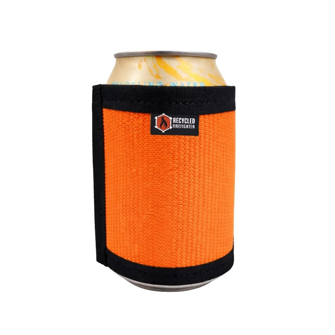 Orange Fire Hose Drink Sleeve from Recycled Firefighter. Emergency response coloring keeps drinks cold.