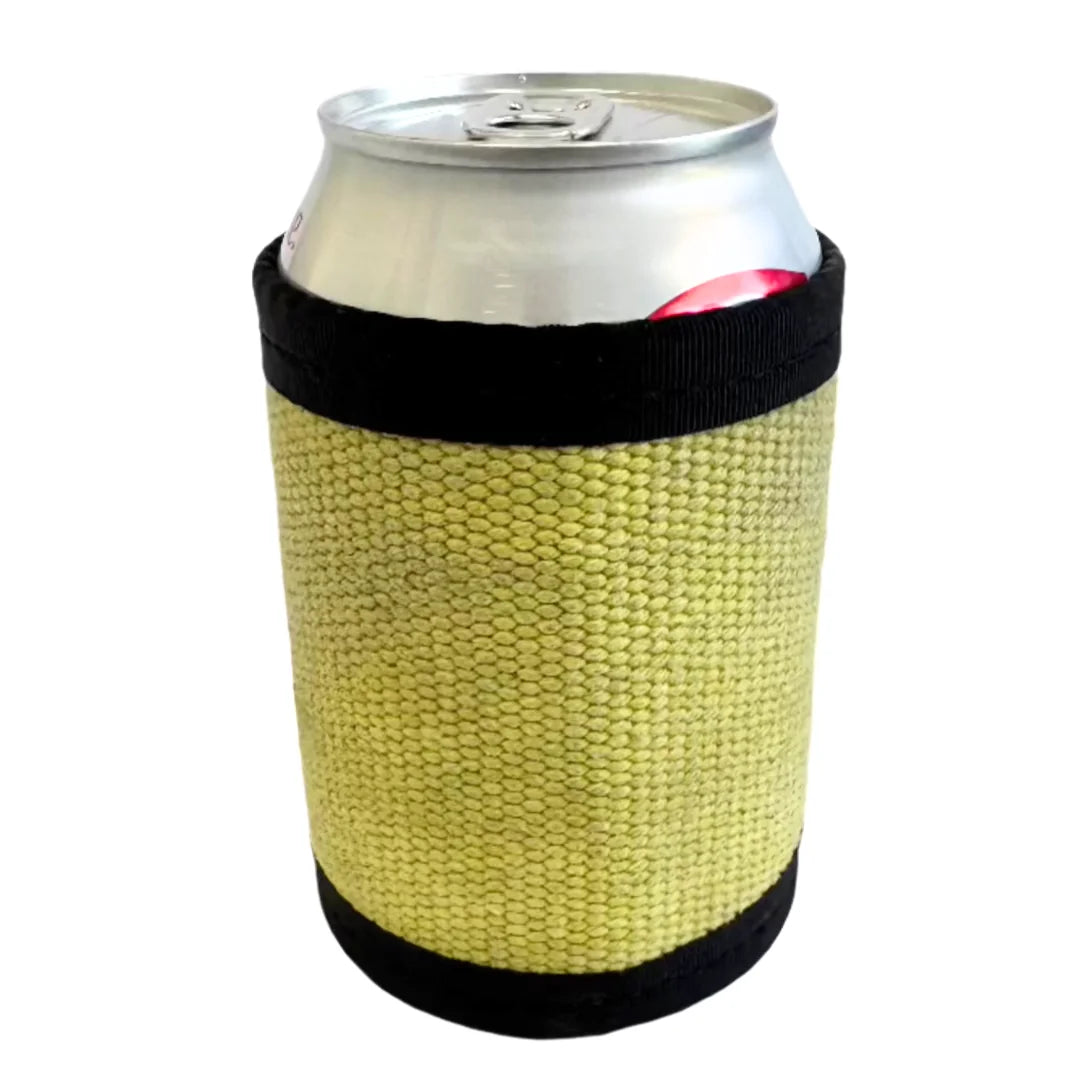 Vintage yellow drink sleeve from Recycled Firefighter. Classic fire service coloring insulates beverages with style.