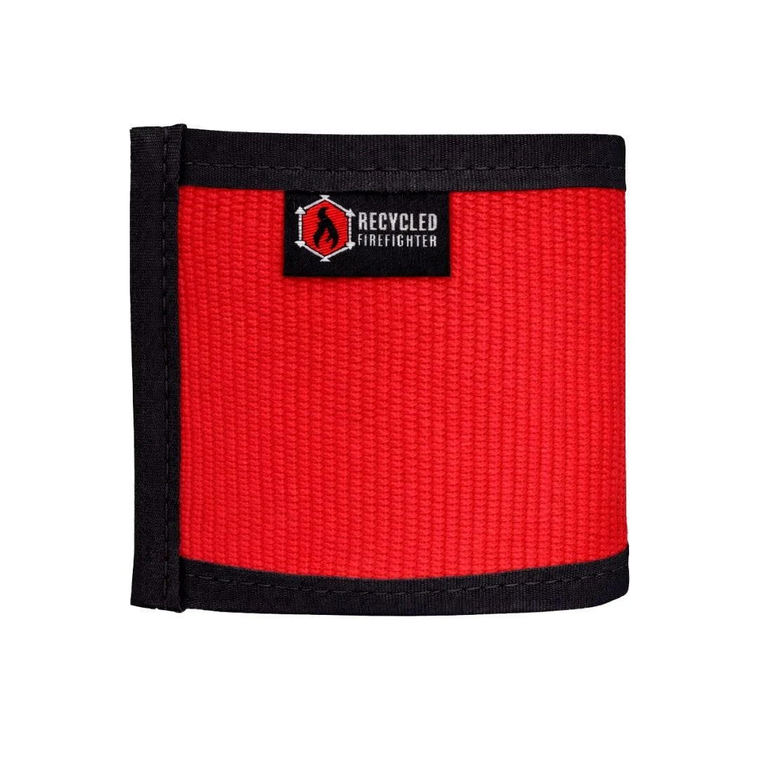 Red Fire Hose Drink Sleeve from Recycled Firefighter. Bold fire service color provides beverage insulation.