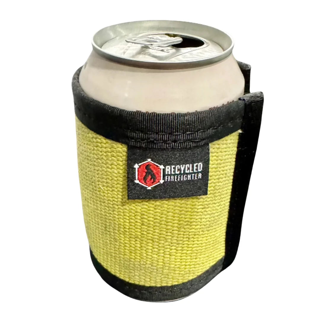 Bright yellow Fire Hose Drink Sleeve by Recycled Firefighter. High-visibility insulation honors firefighter heritage.