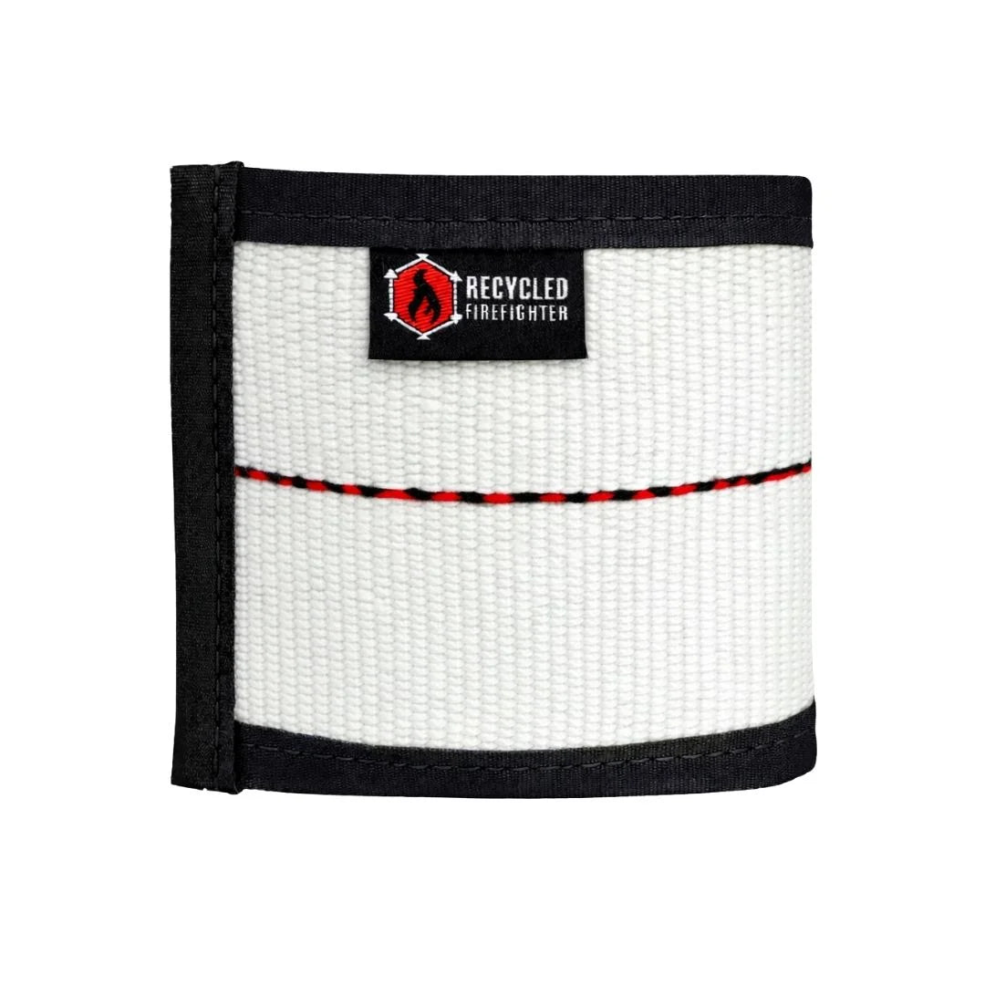 White Fire Hose Drink Sleeve by Recycled Firefighter. Premium insulation keeps beverages cold using genuine fire hose.
