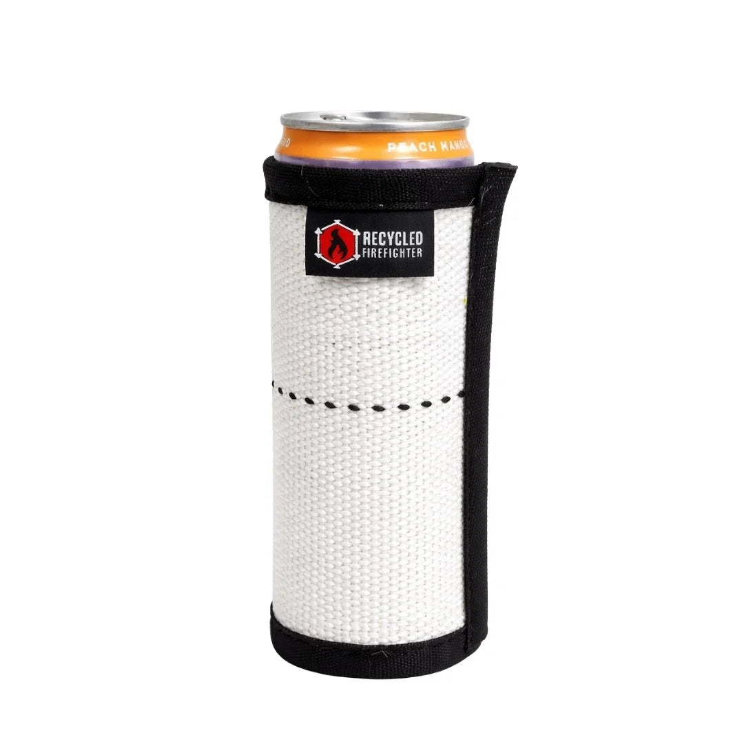 White skinny Fire Hose Drink Sleeve from Recycled Firefighter. Slim design fits narrow beverage containers.