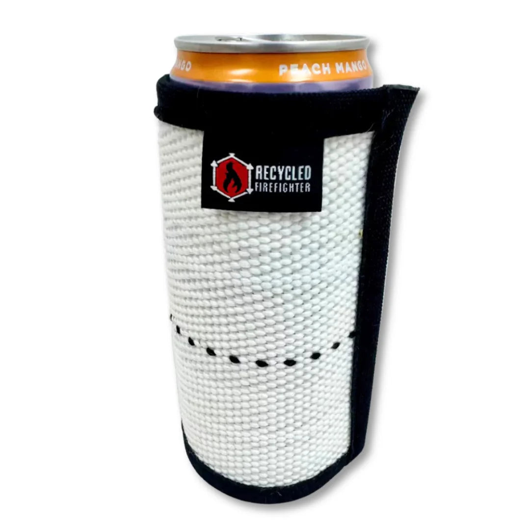 White skinny Fire Hose Drink Sleeve from Recycled Firefighter. Slim design fits narrow beverage containers.