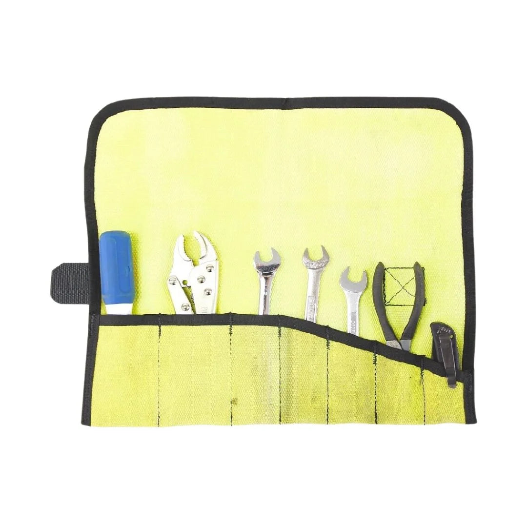 Vintage Yellow Fire Hose Tool Roll from Recycled Firefighter, showcasing the unique scuffs and character of real retired fire gear. This heavy-duty roll is box-stitched at all stress points to ensure a lifetime of reliable tool storage.