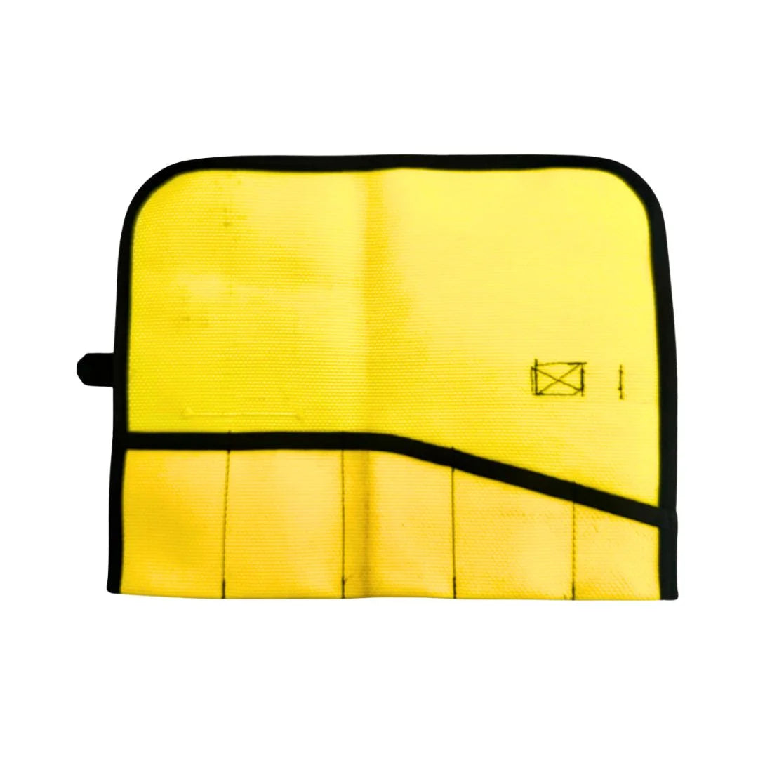 Yellow Fire Hose Tool Roll by Recycled Firefighter featuring durable repurposed fire hose material. This rugged tool organizer is handcrafted in the USA for secure everyday carry and vehicle gear storage.