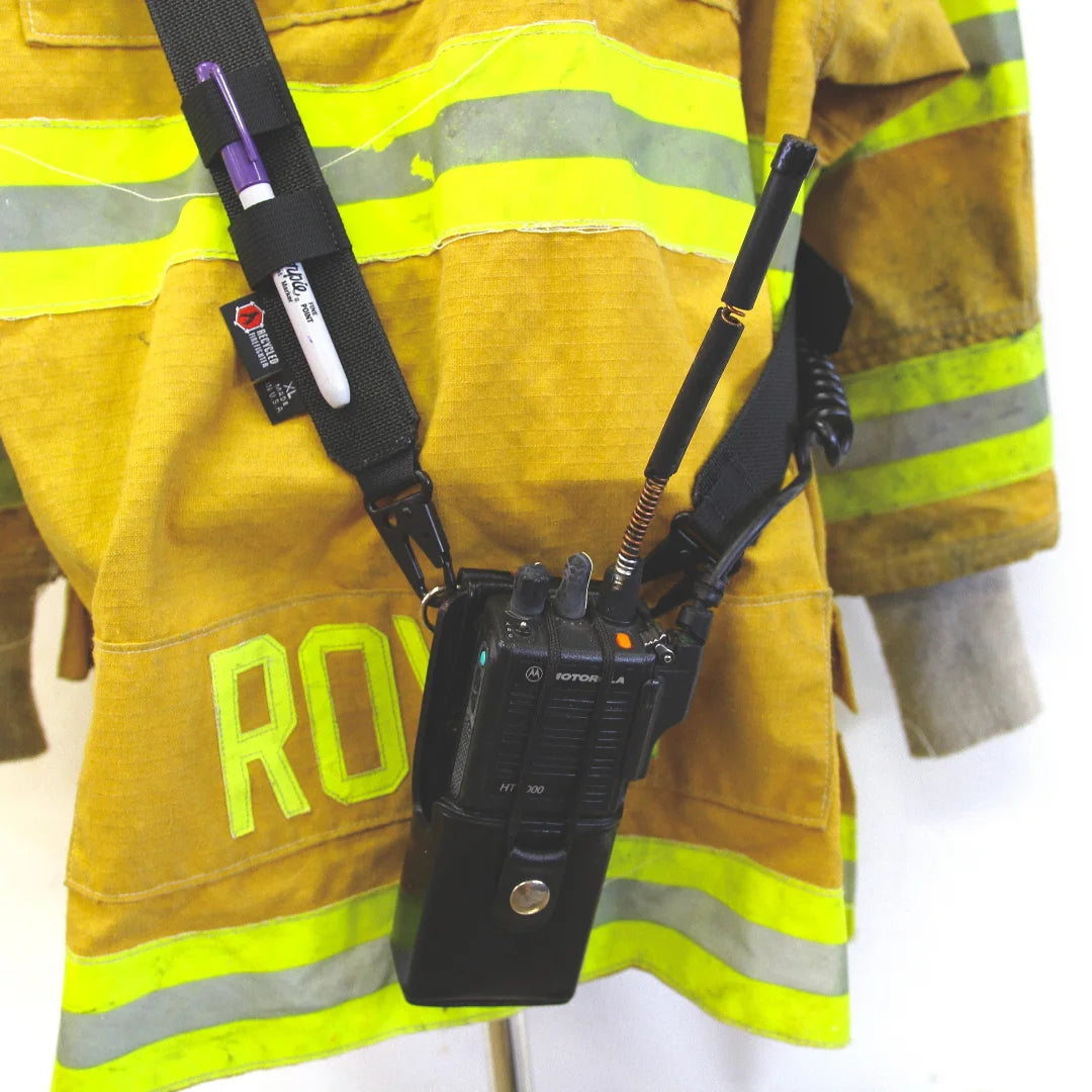 Firefighter Radio Strap in black by Recycled Firefighter. Durable professional gear for tactical applications.