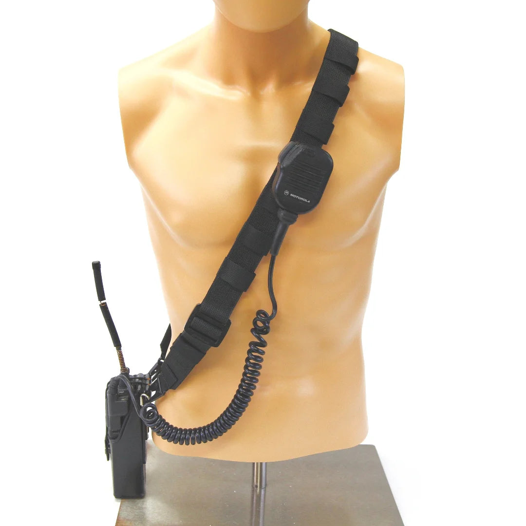 Firefighter Radio Strap in black by Recycled Firefighter. Durable professional gear for tactical applications.