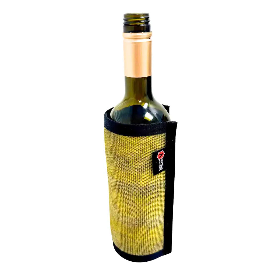 Recycled Firefighter's Vintage Yellow Firehose Wine Bottle Cover. Quality tactical gear built for demanding professional use.