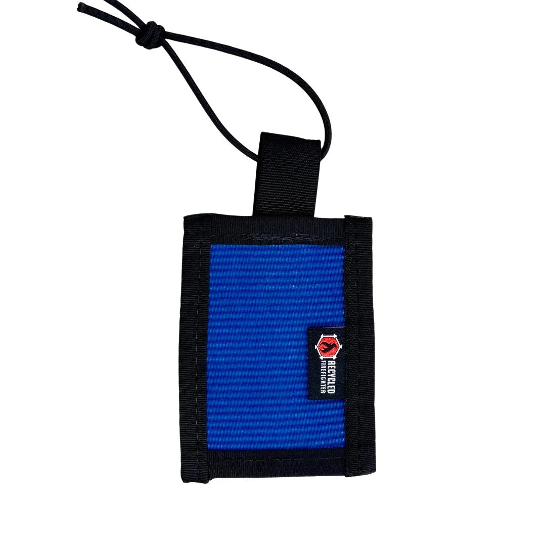 Blue recycled firehose luggage tag for travel bags and backpacks, handmade in the USA by Recycled Firefighter.