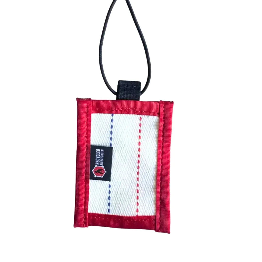 Patriotic Red, White, and Blue firehose luggage tag made from authentic decommissioned fire hose by Recycled Firefighter.