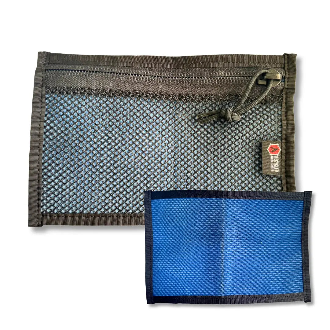 Flat EDC Pouch Firehose from Recycled Firefighter featuring blue & black. Durable gear designed for first responders and tactical professionals.