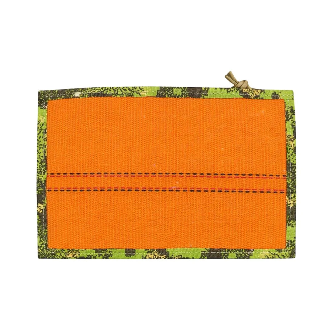 Recycled Firefighter Flat EDC Pouch in Orange and Green Digital Woodland. The pouch features a bright orange firehose back and a green digital camouflage patterned mesh front