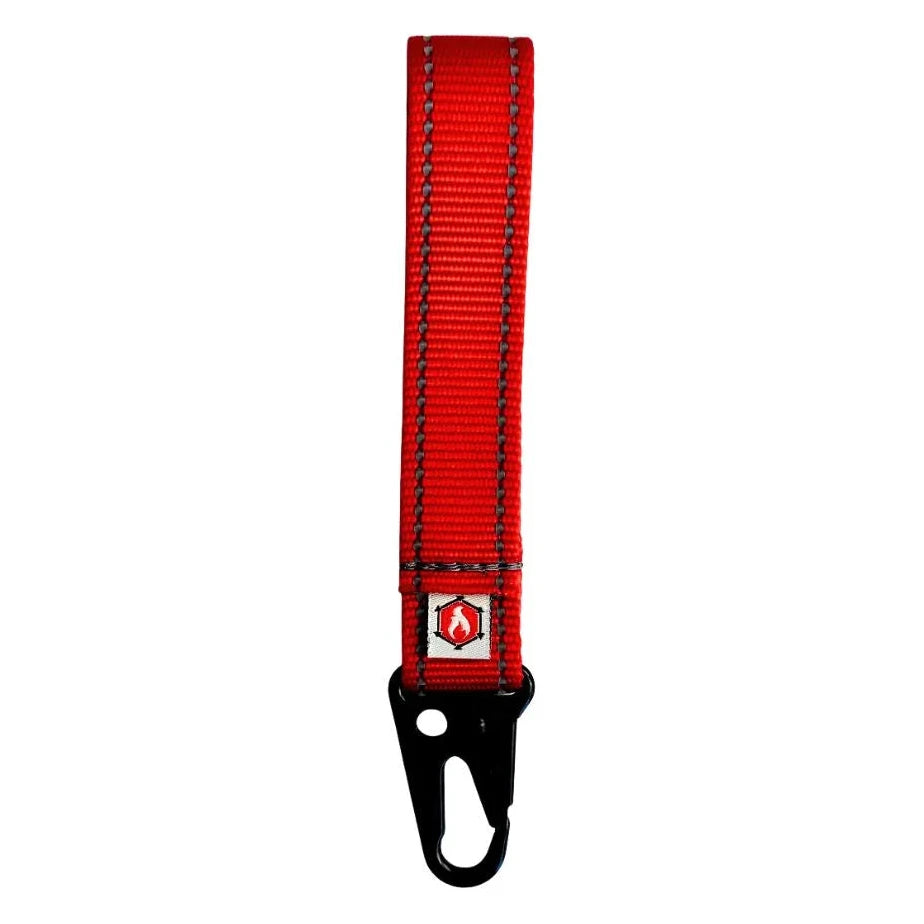 A vibrant Red Grab & Go Loop from Recycled Firefighter featuring a heavy-duty nylon handle and a loop-side Velcro surface for gear organization.