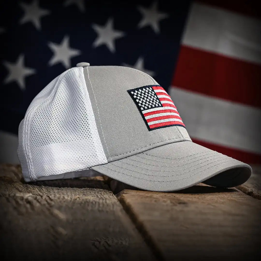 Gray & White Mesh-Back American Flag Trucker Hat, front right view