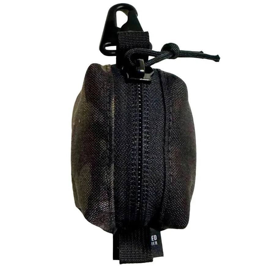 Black Multicam tactical nylon Hot Shot Keychain Pouch featuring a heavy-duty metal clip and YKK zipper by Recycled Firefighter.