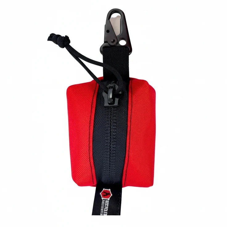 High-visibility Red Recycled Firefighter Hot Shot Keychain Pouch for easy-to-find small gear storage.