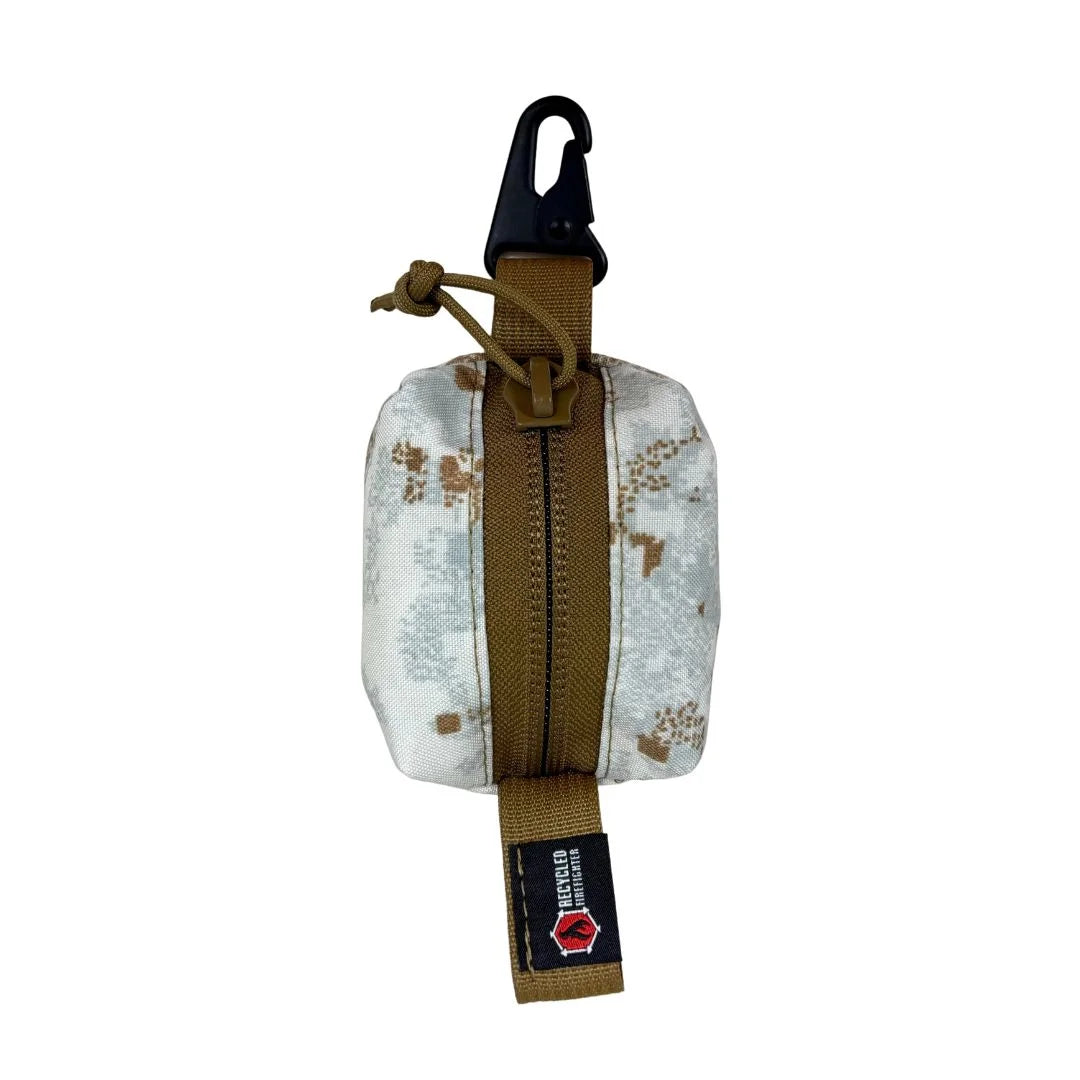 Recycled Firefighter Hot Shot Keychain Pouch featuring an Alpine Snowdrift winter camouflage pattern.
